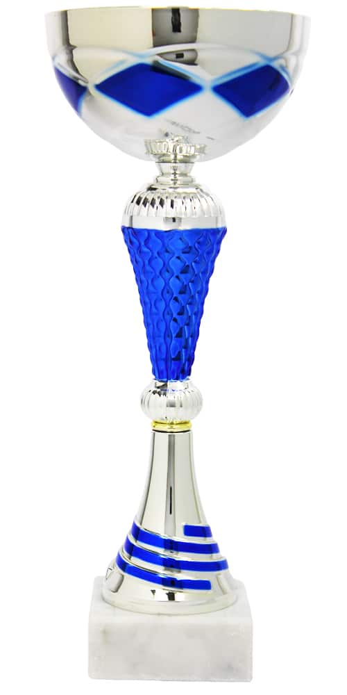 Personalisierter Silber-Blauer Pokal mit Marmorfuß – 26 cm.