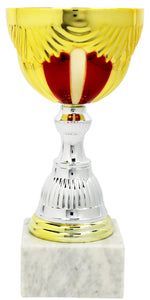 Lade das Bild in den Galerie-Viewer, Personalisierter Gold-Roter Pokal mit Marmorsockel – 25,5 cm.
