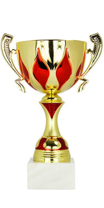 Lade das Bild in den Galerie-Viewer, Personalisierter Gold-Roter Henkelpokal mit Marmorfuß – 31,5 cm.
