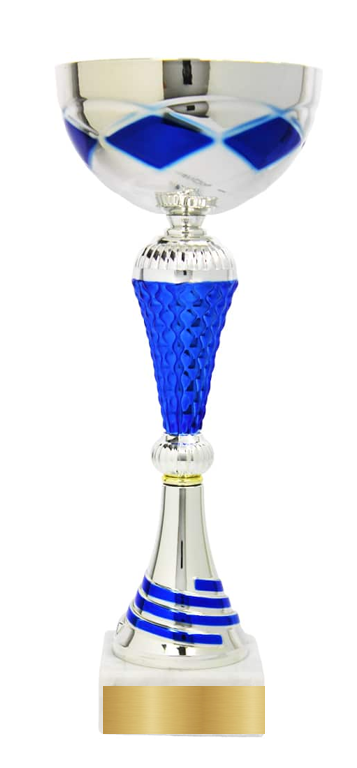 Personalisierter Silber-Blauer Pokal mit Marmorfuß – 26 cm.
